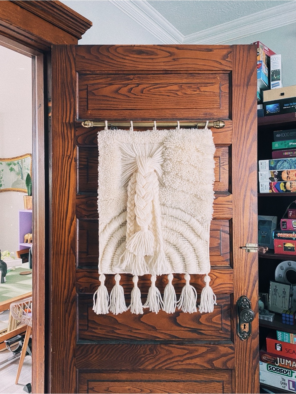 Handmade Cream Macrame Wall Hanging with Braided Tassels on Brass Pole
